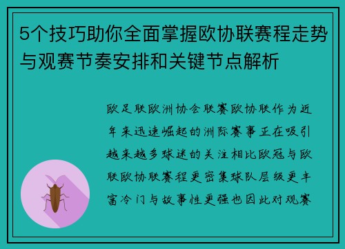 5个技巧助你全面掌握欧协联赛程走势与观赛节奏安排和关键节点解析